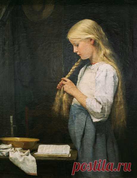 Girl braiding her hair - Albert Anker as art print or hand painted oil.