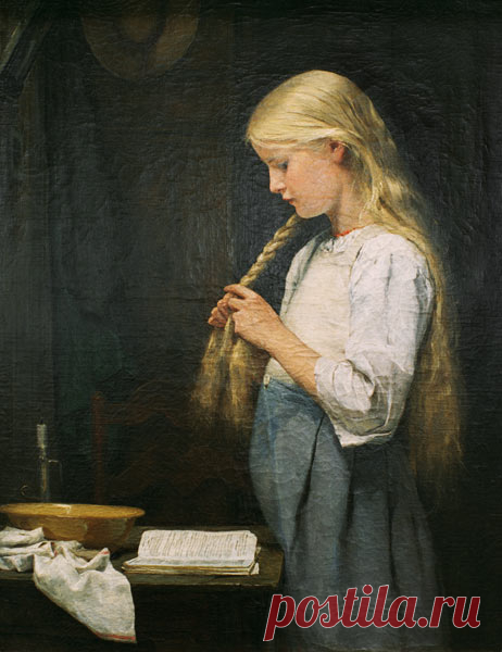 Girl braiding her hair - Albert Anker as art print or hand painted oil.