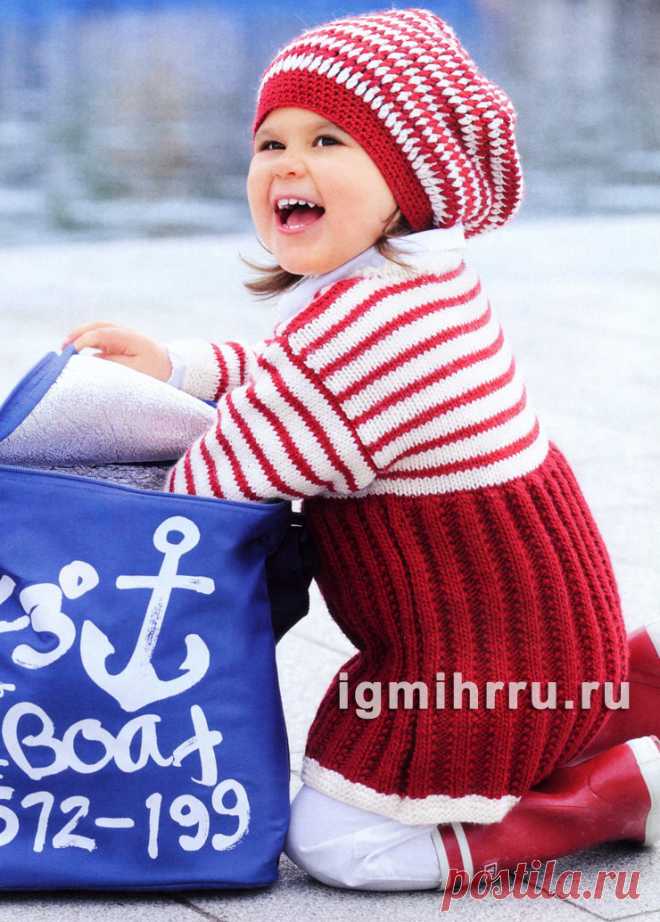 Для девочки 1,5-7 лет. Платье и шапочка в красно-белую полоску. Вязание спицами и крючком для детей