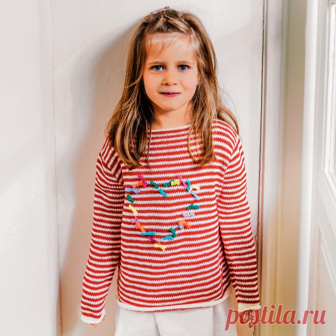 Полосатый джемпер с вышитым сердечком - схема вязания спицами с описанием на Verena.ru