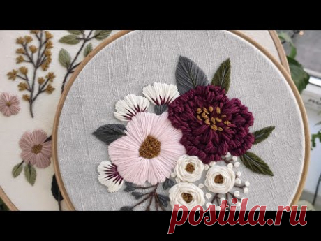 Pink and Burgundy peonies. Hand embroidery for beginners