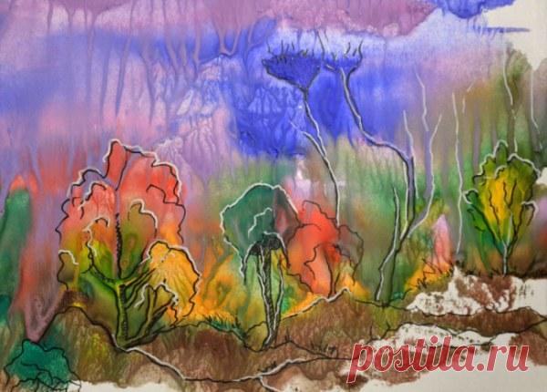 Монотипия
Этот способ рисования сложнее, чем другие. На ровную гладкую поверхность, к примеру, стекло, наносим краской рисунок. Затем прикладываем бумагу и делаем отпечаток. Если хотим размытый рисунок, нужно намочить бумагу. Если четкий – не стоит. Дорабатываем рисунок красками или фломастерами.