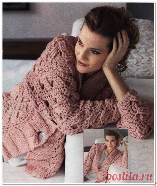 ВЯЖЕМ СПИЦАМИ И КРЮЧКОМ РОЗОВЫЙ ЖАКЕТ.