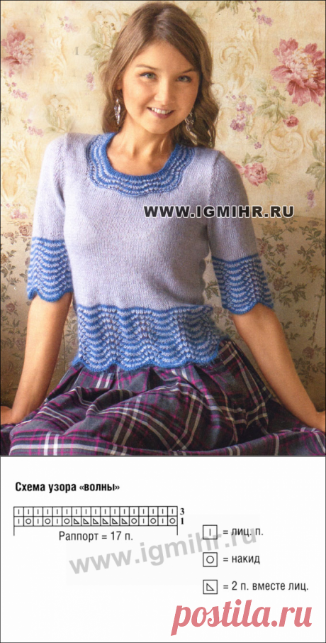 Женственная кофточка с короткими рукавами, отделанная волнистым узором. Спицы