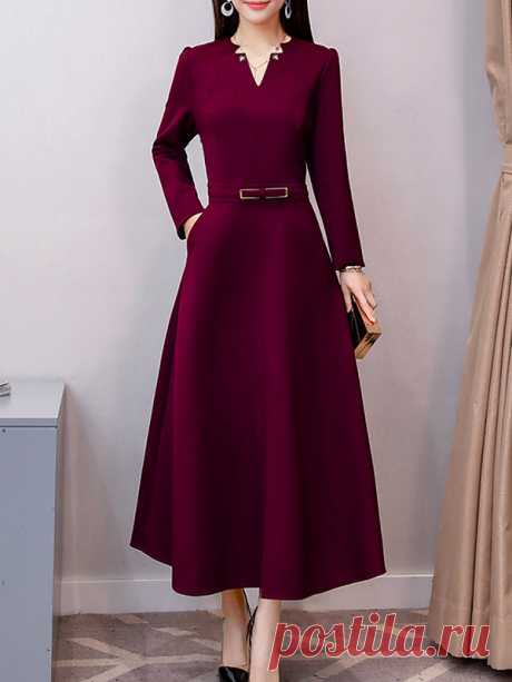 V Neck Patch Pocket Plain Maxi Dress - Selaros.com