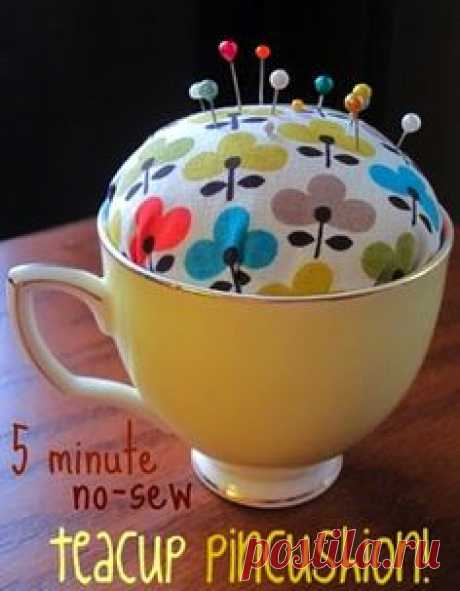 No Sew  This no sew pincushion takes a fabric scrap and a teacup, and takes about 5 minutes to make.  Get the instructions at Punk Projects