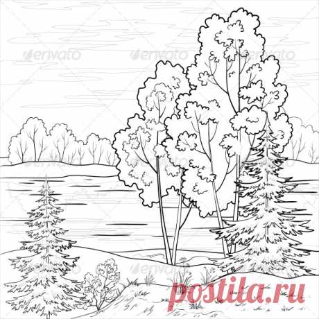 Landscape of Forest and River Outline by OK-SANA | GraphicRiver
