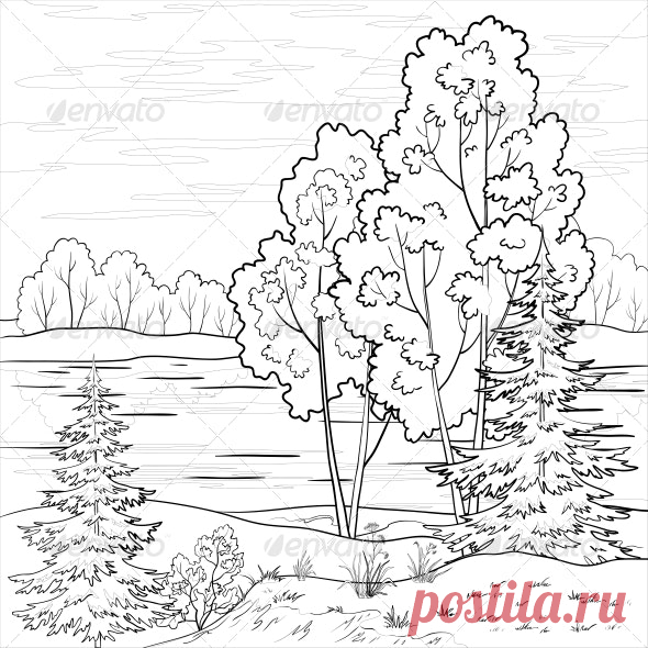 Landscape of Forest and River Outline by OK-SANA | GraphicRiver