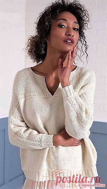 Пуловер «Sentosa». Спицы. Простой и элегантный белый пуловер необычен своей конструкцией и напоминает летящую птицу.  Размеры:  Окружность груди – 118 (129, 138, 148, 158, 169, 178) см.  Необходимые материалы: