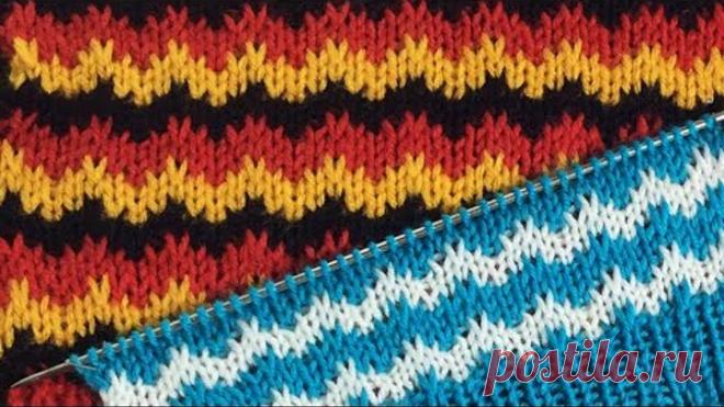Цветные шевроны / 2 или 3 цвета / Вязание спицами.