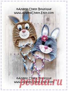 Cute Crochet Rabbit Bunny Beanie Earflap Hat PDF Pattern Sizes Newborn to Adult Boutique Design - No. 59 by AngelsChest