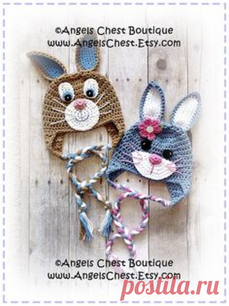 Cute Crochet Rabbit Bunny Beanie Earflap Hat PDF Pattern Sizes Newborn to Adult Boutique Design - No. 59 by AngelsChest