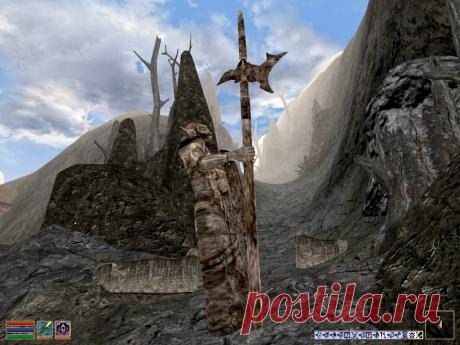 Думак?
Красная гора (Red Mountain).
На гребне кратера вулкана в начале одной из фояд стоит вплавленная в базальт статуя двемера с огромной, явно двуручной, алебардой в правой руке и щитом в левой. Встает вопрос, из чего она сделана, если выдержала эпическое извержение?
Red Mountain. On the ridge of the volcano crater at the beginning of one of the foyadas there is a statue of a Dwemer fused into the basalt with a huge, clearly two-handed, halberd in his right hand and a shield in his left.