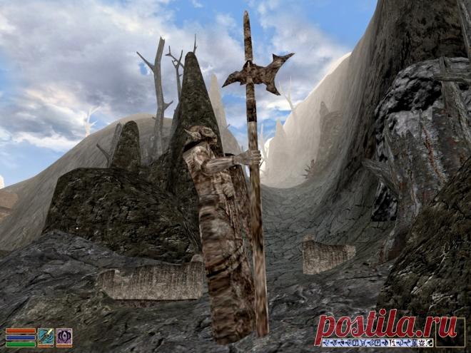 Думак?
Красная гора (Red Mountain).
На гребне кратера вулкана в начале одной из фояд стоит вплавленная в базальт статуя двемера с огромной, явно двуручной, алебардой в правой руке и щитом в левой. Встает вопрос, из чего она сделана, если выдержала эпическое извержение?
Red Mountain. On the ridge of the volcano crater at the beginning of one of the foyadas there is a statue of a Dwemer fused into the basalt with a huge, clearly two-handed, halberd in his right hand and a shield in his left.