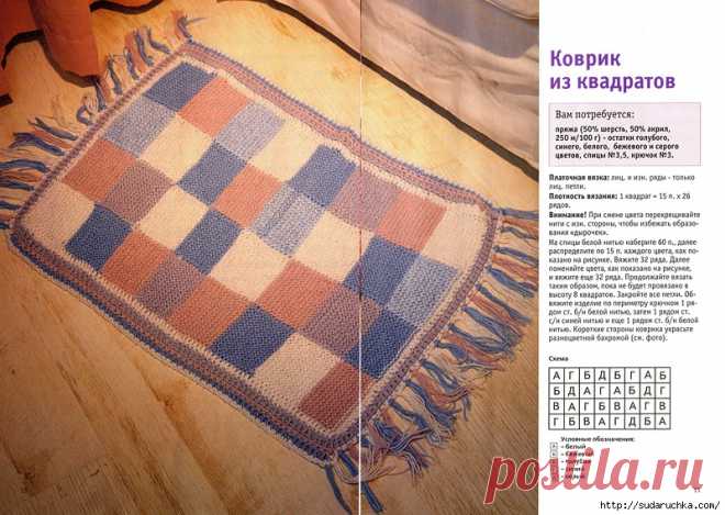 МК по вязанию спицами коврика из квадратов с подробным описанием для начинающих и схемой