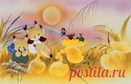 Иллюстрации животных осень поле Луны, лиса братья и насекомые US