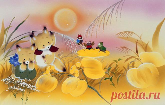 Иллюстрации животных осень поле Луны, лиса братья и насекомые US