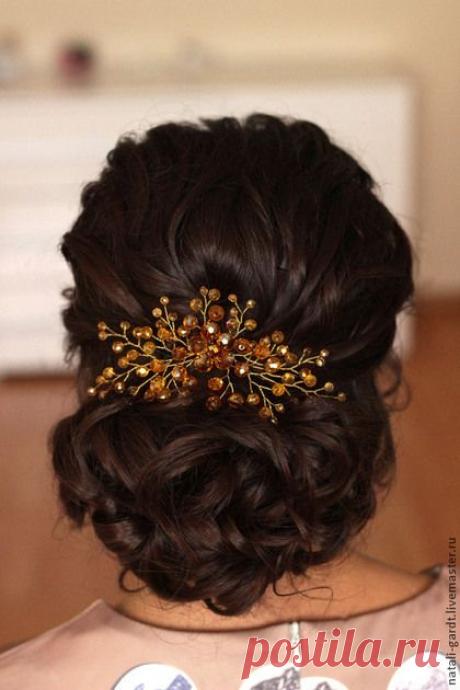 Купить Украшение в волосы Янтарный перелив - золотой, янтарный цвет, Янтарный, заколка для волос