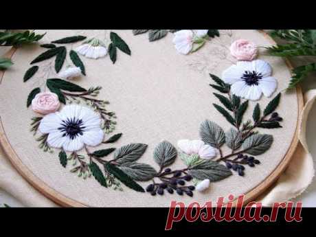 Anemones and Eucalyptus. Floral wreath. Embroidery for beginners