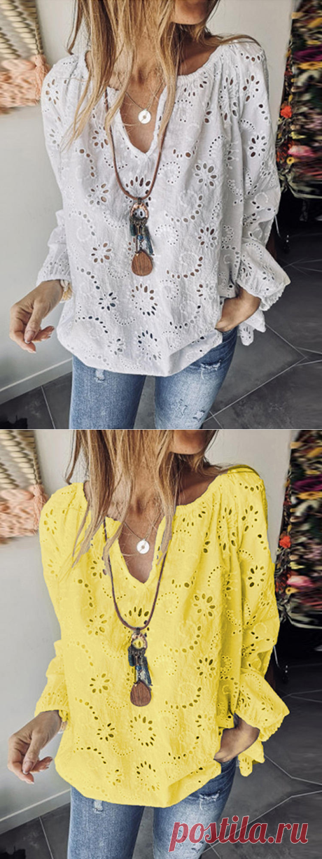 casual solid v neck loose hollow out blouse