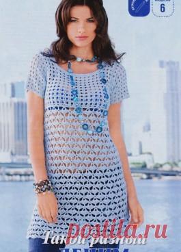 ГОЛУБАЯ ТУНИКА – Мир вязания и рукоделия Размеры: 34/36 (38/40) 42/44 Вам потребуется: 400 (450) 450 г голубой пряжи Elastico (96% хлопка, 4% полиэстера, 160 м/50 г); крючок № 3,5. Внимание! Рекомендуем сделать выкройку в натуральную…