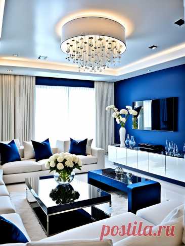 Дизайн гостиной в сине-белых тонах.