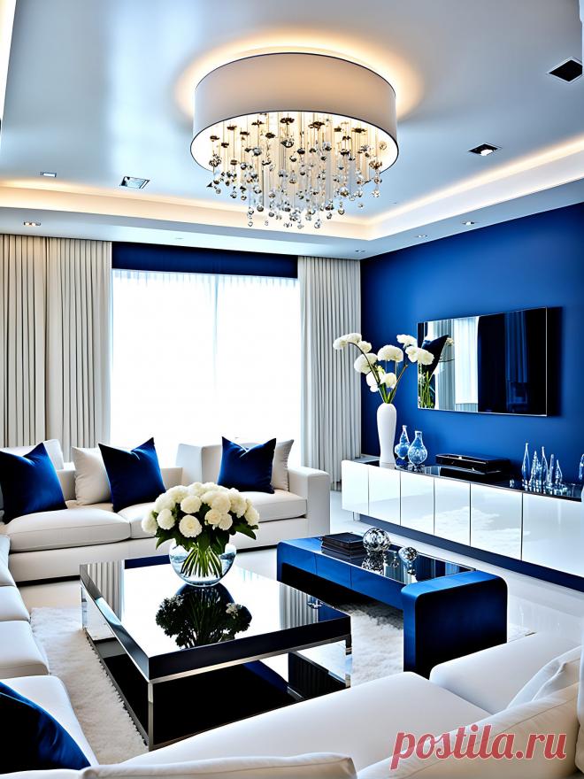 Дизайн гостиной в сине-белых тонах.