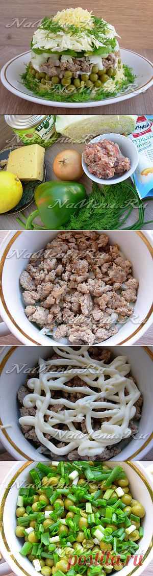 Салат с мясом, капустой и зеленым горошком