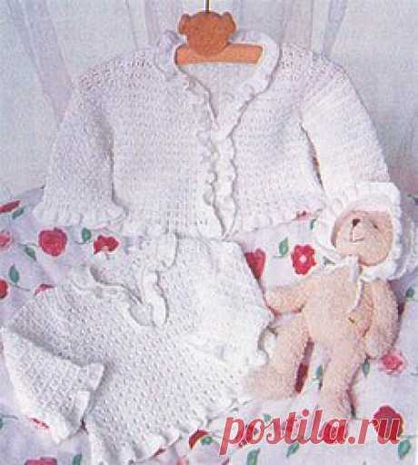 Схема вязания спицами, пуловер, шапочка и жакет на новорожденного