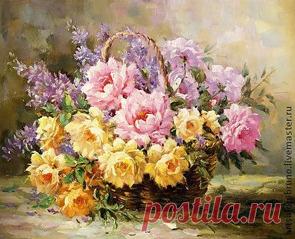 картина Розы в корзине - цветы,букет,букет цветов,картина,картина в подарок