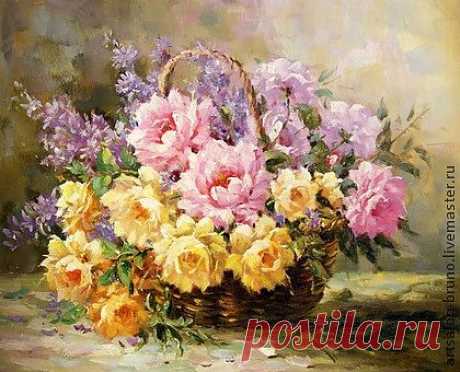 картина Розы в корзине - цветы,букет,букет цветов,картина,картина в подарок