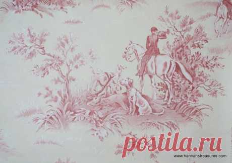 1940's Vintage Wallpaper - Dark Pink Toile Wallpaper with English Hunting Scenic…