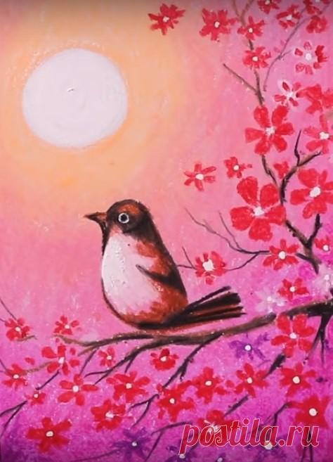 ​Рисуем птичку на цветущей веточке