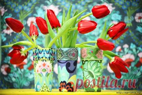 Интерьерные стаканы своими руками. Декупаж тканью