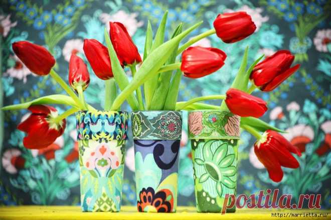Интерьерные стаканы своими руками. Декупаж тканью