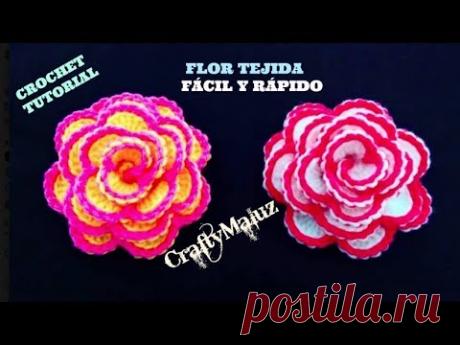 CROCHET TUTORIAL | FLOR TEJIDA FÁCIL Y RÁPIDO de hacer | ROSA TEJIDA A CROCHET