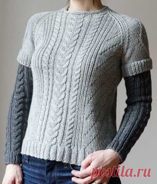 Свитер-обманка (реглан) с узором из кос. Автор Stephanie Earp.
#knitting #вязание_спицами #джемпера_спицами