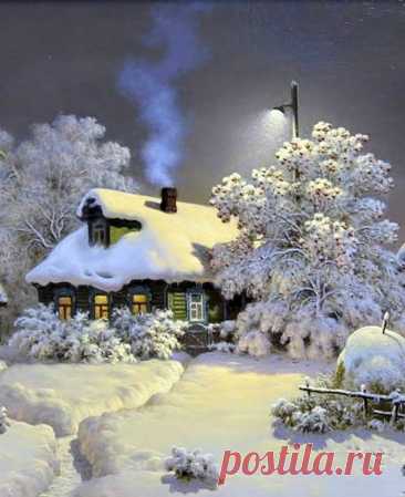 a painting of a house in the snow