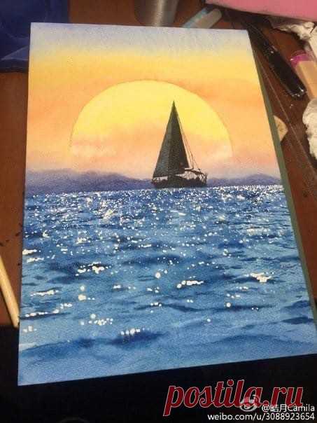 Рисуем море и парусник на закате