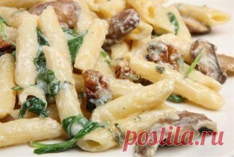 Макароны с грибами и сливками.