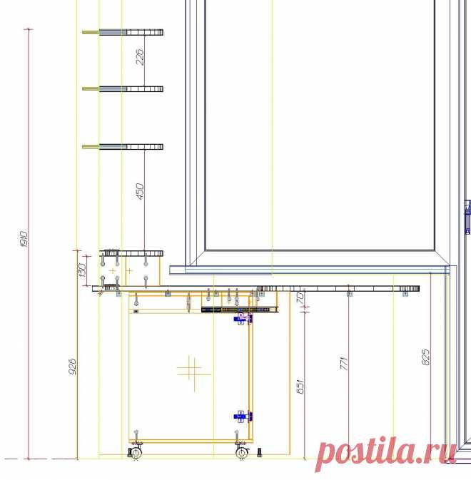 Вид сбоку с основными размерами в каркасном режиме просмотра программы для проектирования мебели bCAD