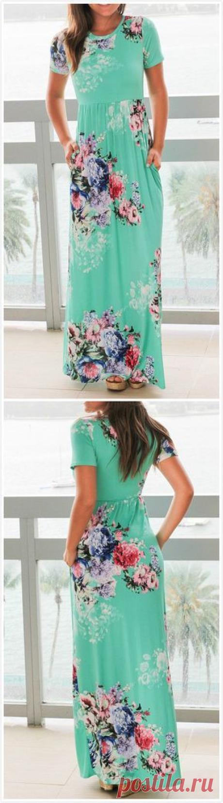 Women's Floral Print Round Neck Short Sleeve High Waist Maxi Dress - ROAWE.COM | Maxi dresses, Short sleeves and Rounding