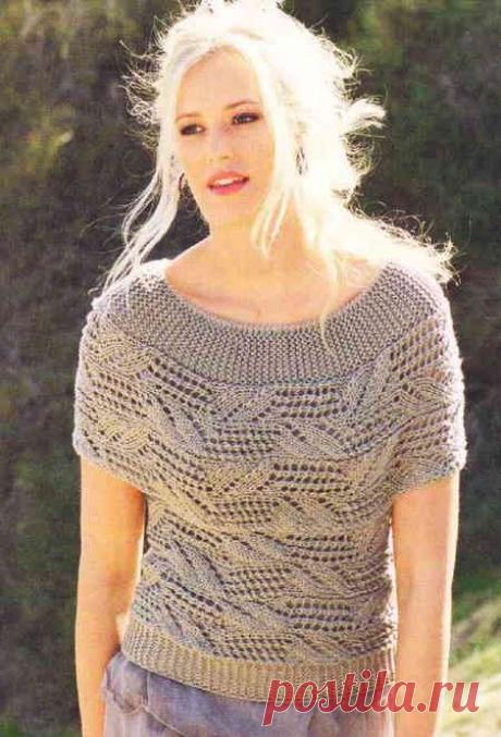 Ажурный пуловер цвета хаки связанный поперек | Ажурные Узоры