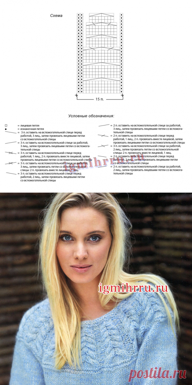 Голубой пушистый пуловер с кокеткой из «кос». Вязание спицами