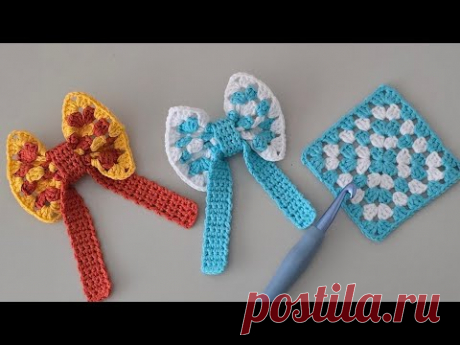 Идеально подходит для аксессуаров‼️🎀Быстро и просто вяжем крючком бант с мотивом «бабушкин квадрат»