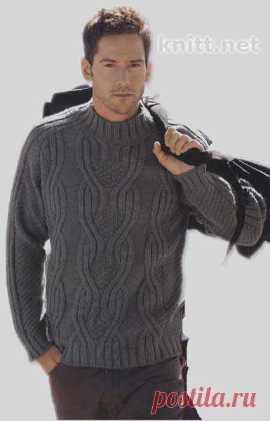 Пуловер-реглан серого цвета спицами