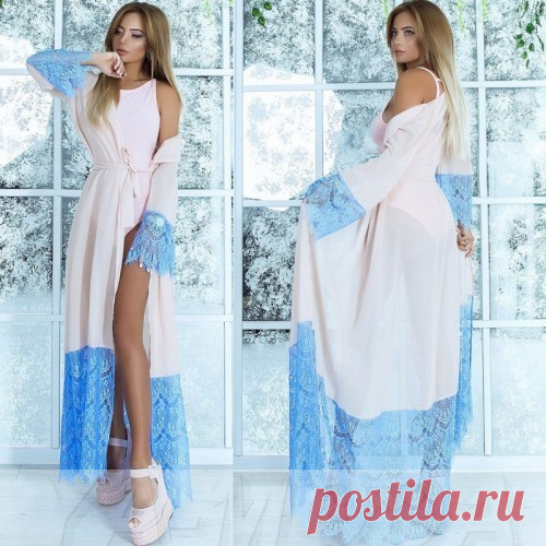 Длинный пляжный халат с кружевом