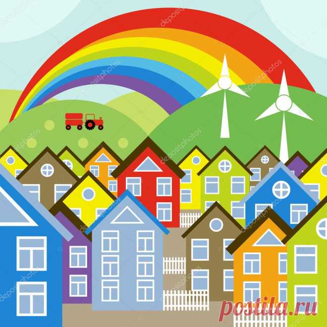 depositphotos_3938049-stock-illustration-houses-vector-background-with-rainbow.jpg (1024×1024)
