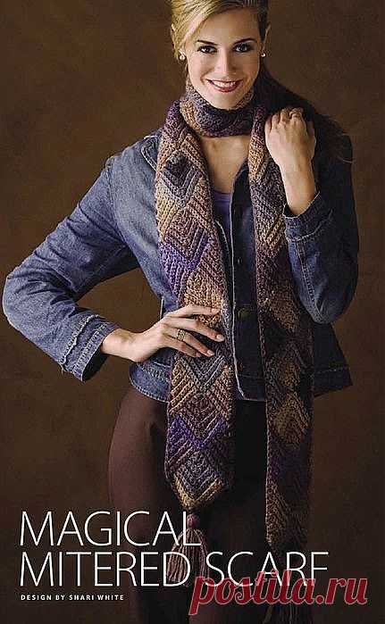 Вязаный шарф спицами в технике пэчворк