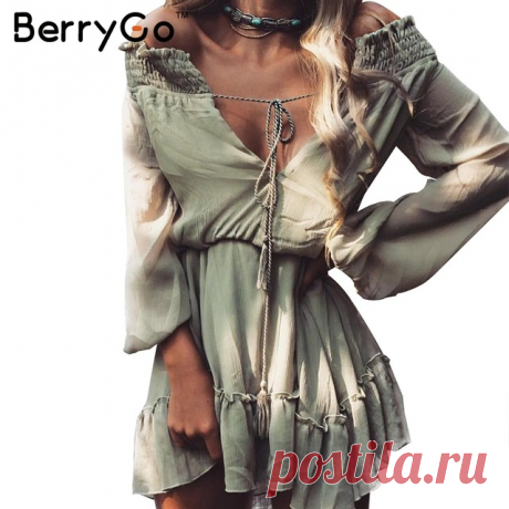 BerryGo С плеча с длинным рукавом пляж лето dress Короткие шифон vintage dress женщины Рюшами sexy dress платье de festa купить в магазине BerryGo Offical Store на AliExpress
